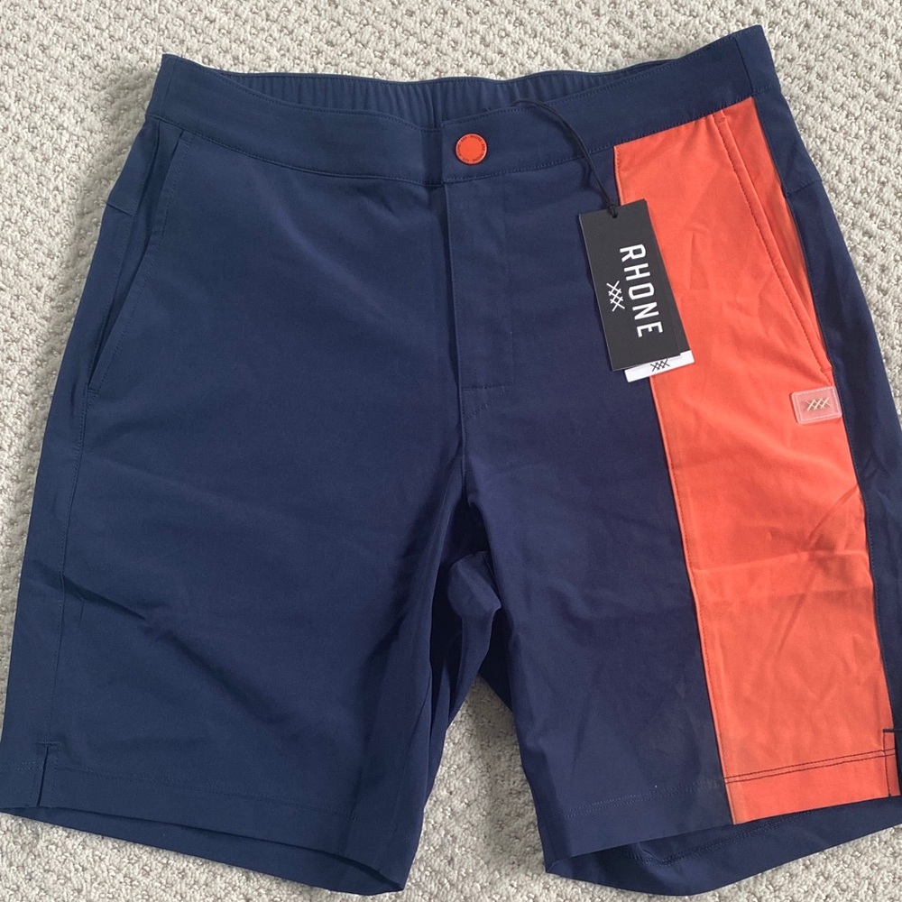 NWT RHONE Navy Board swim Shorts with Orange Side Stripe, size S